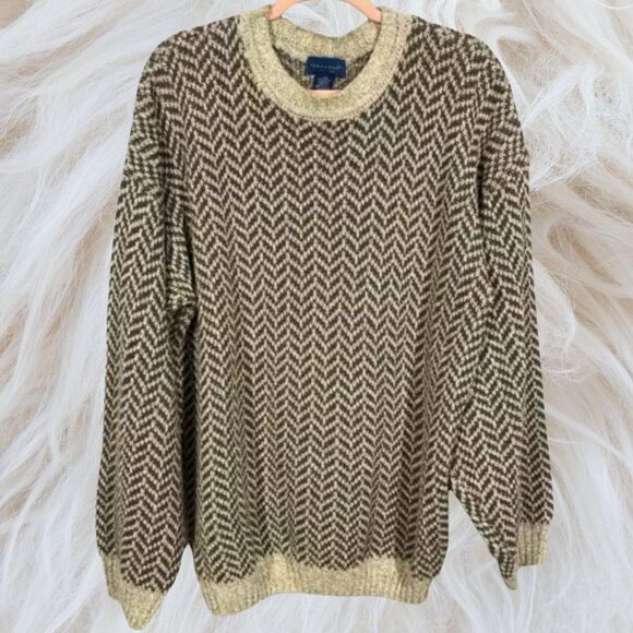 Vintage Towncraft Sweater Men Large Ivory Textured Plaid Cable Knit Pullover - Picture 1 of 11